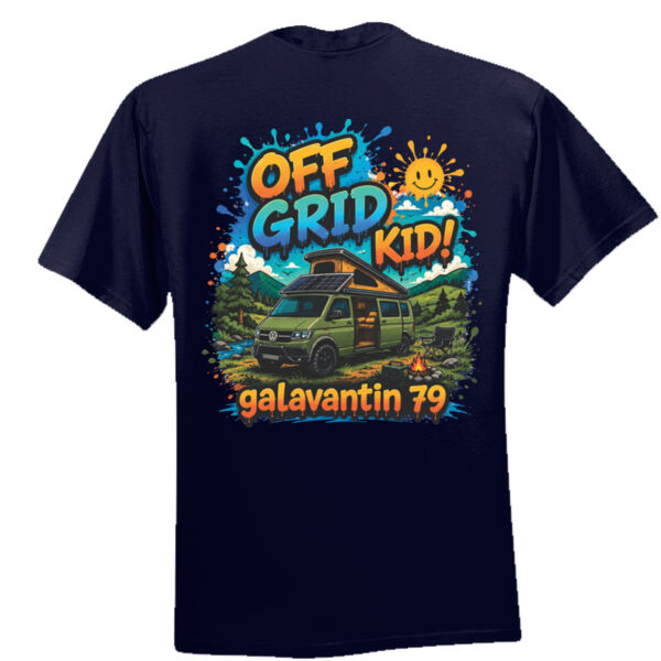 Off grid kid  (Small Galavantin logo on front) and (Large Off Grid Kid on back) Thumbnail